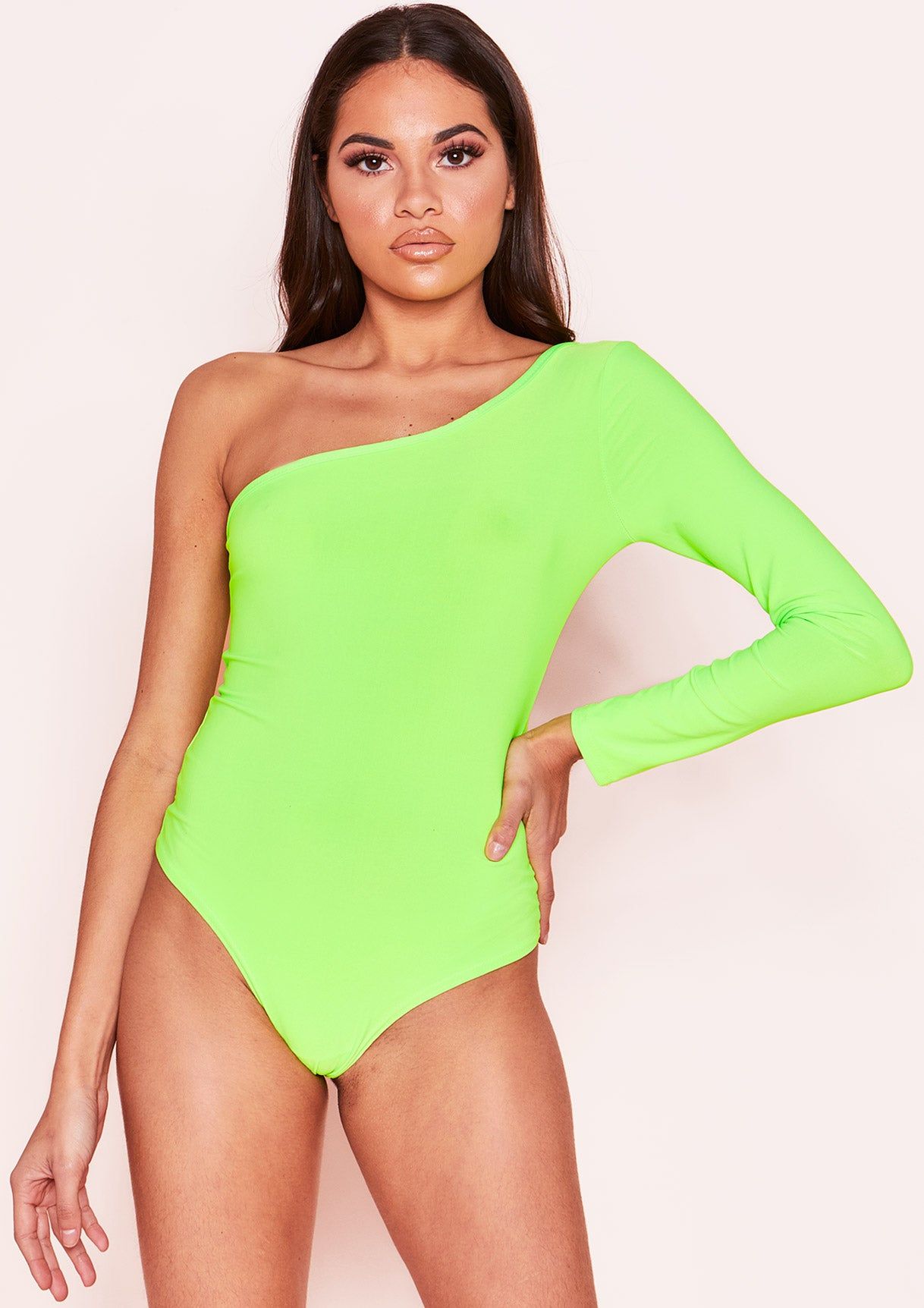 Rachel Neon Green One Shoulder Bodysuit sold by Missy Empire product image thumbnail 3