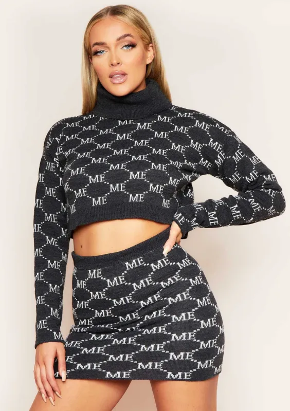 Carly Charcoal Missy Empire Print Knitted Roll Neck Cropped Jumper sold by Missy Empire