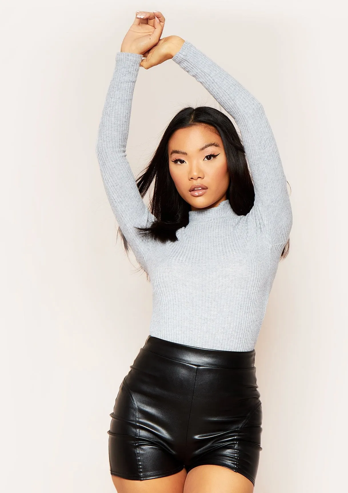 Rosie Grey High Neck Super Soft Rib Knit Long Sleeve Top sold by Missy Empire