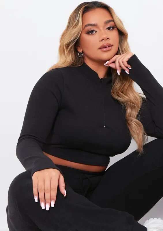 Sade Black Soft Rib Zip Up Long Sleeve Crop Top sold by Missy Empire