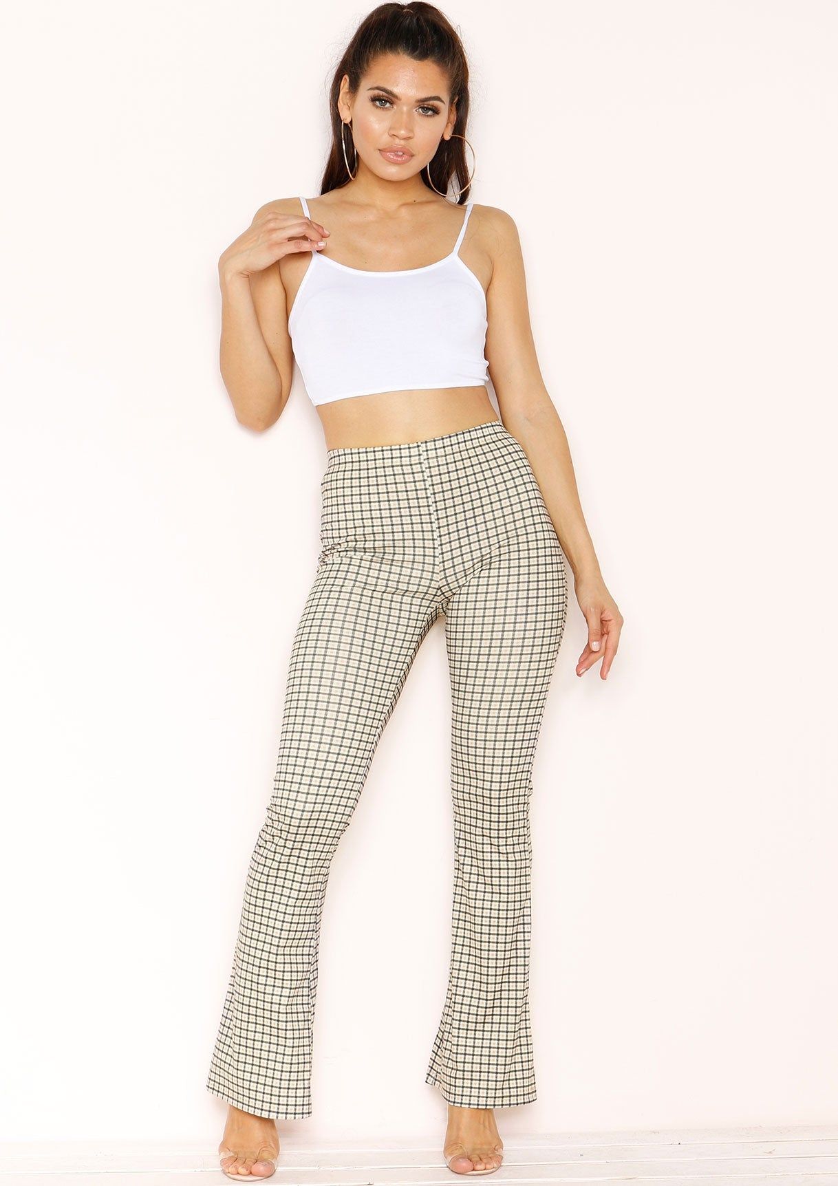 Gaia Beige Checked Skinny Flare Trousers sold by Missy Empire