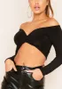 Sara Black Slinky Long Sleeve Twist Front Crop Top sold by Missy Empire