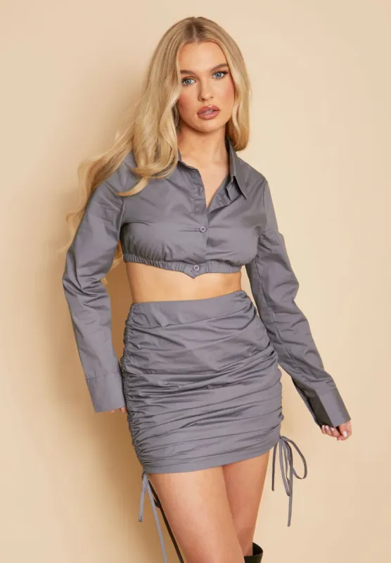 Casey Charcoal Cotton Poplin Extreme Crop Shirt sold by Missy Empire