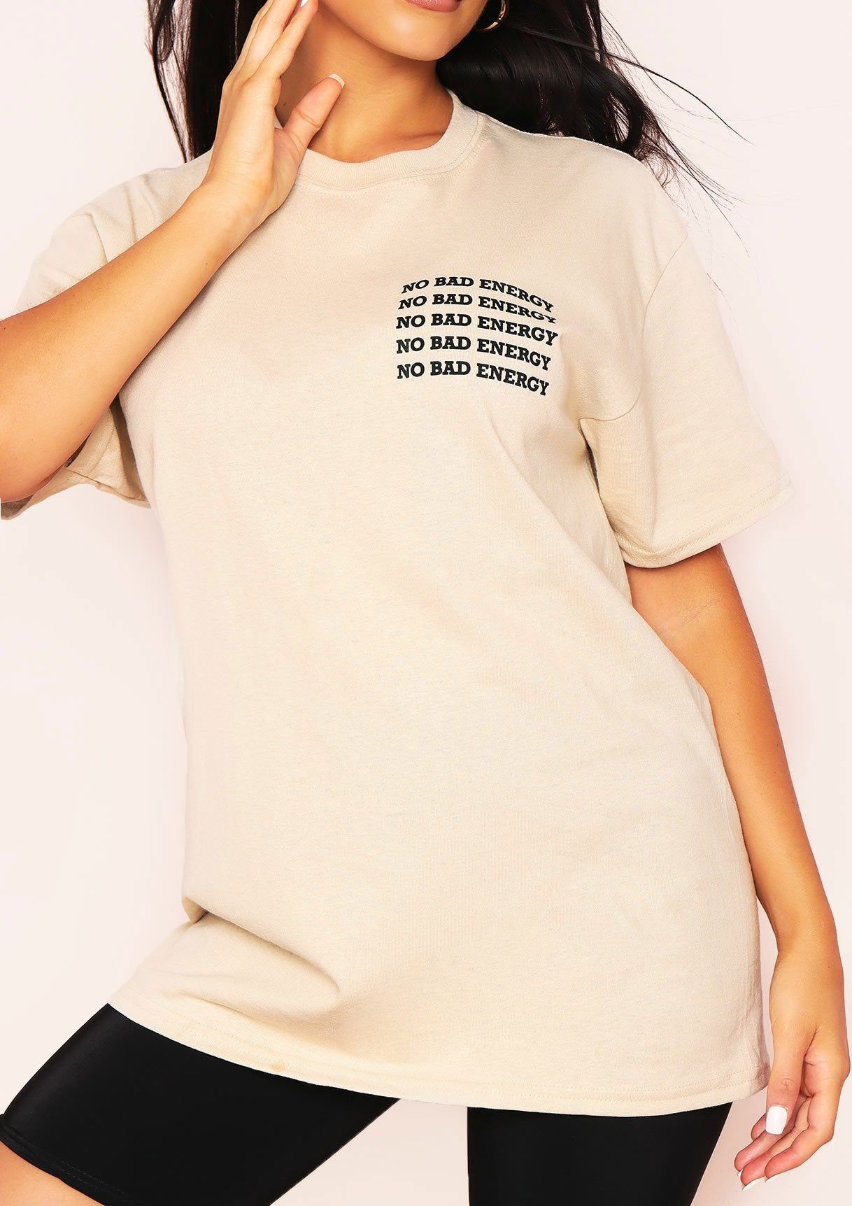 Crystal Sand "No Bad Energy" Slogan Oversized T-Shirt sold by Missy Empire product image thumbnail 3