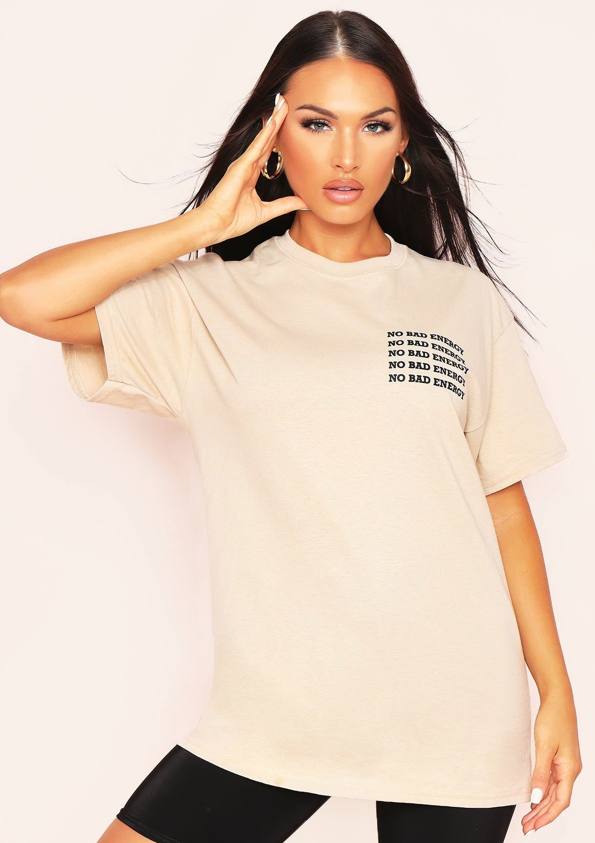 Crystal Sand "No Bad Energy" Slogan Oversized T-Shirt sold by Missy Empire