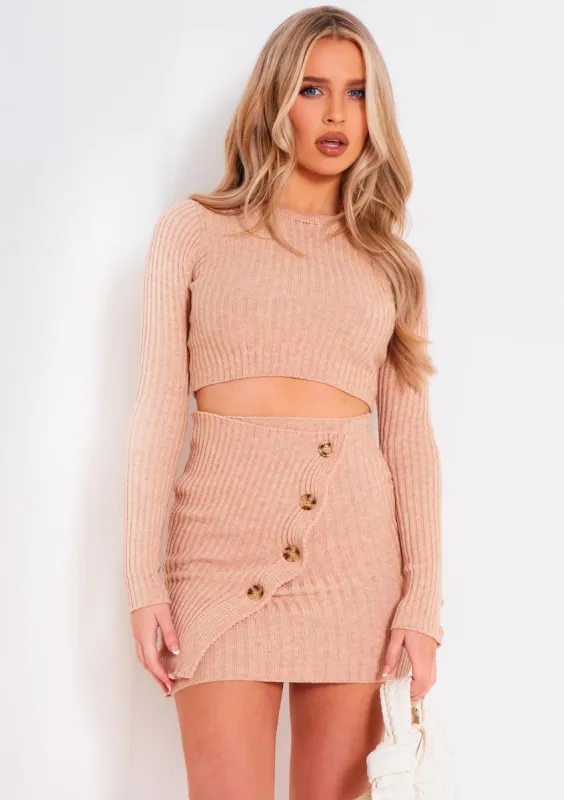 Mira Beige Rib Knit Long Sleeve Crop Top sold by Missy Empire