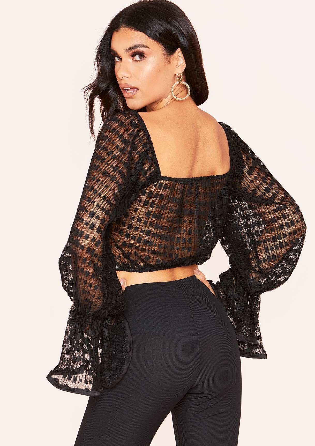Gracen Black Polkadot Mesh Frill Sleeve Top sold by Missy Empire product image thumbnail 2