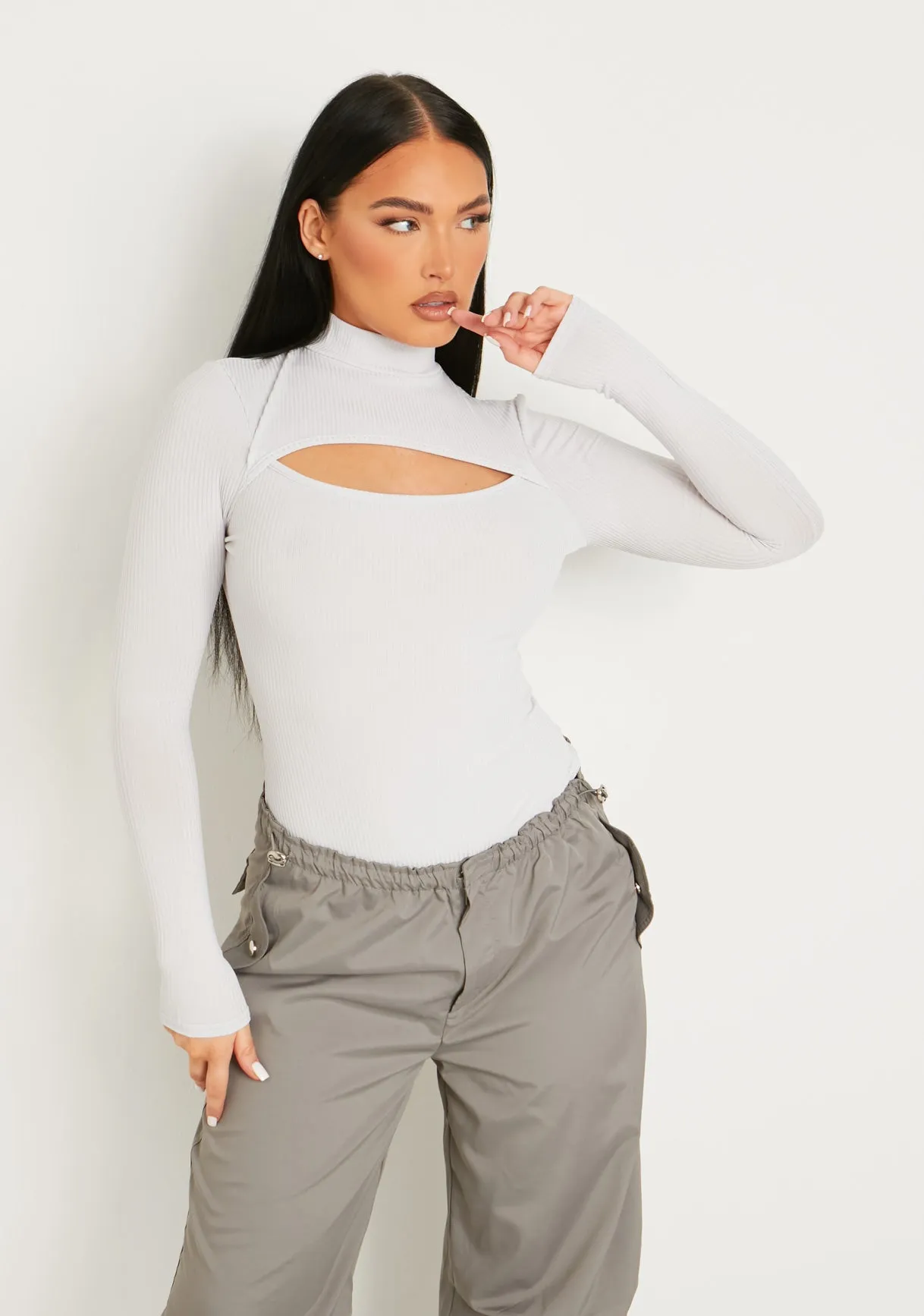 Jayla Grey Ribbed Cut Out Turtle Neck Bodysuit sold by Missy Empire