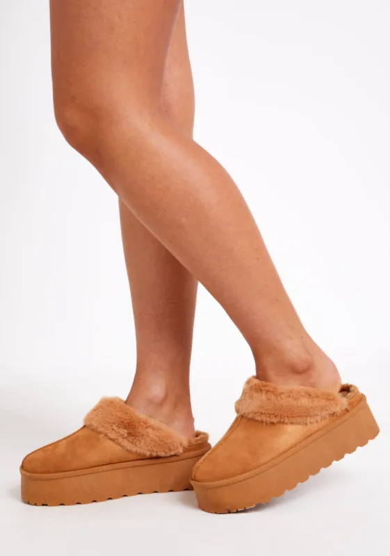 Sara Brown Faux Fur Lined Platform Slippers sold by Missy Empire