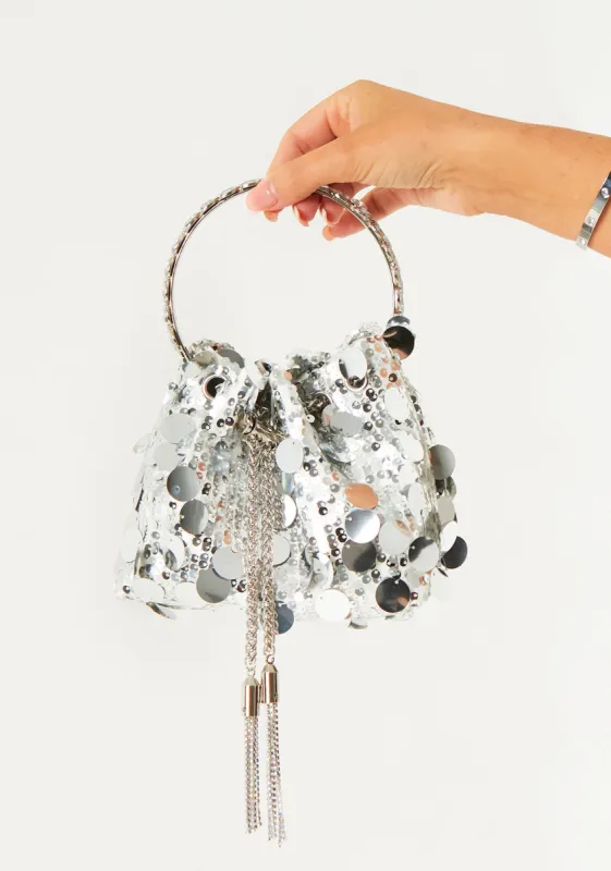 Witney Silver Disc Sequin Handle Bag With Shoulder Strap sold by Missy Empire