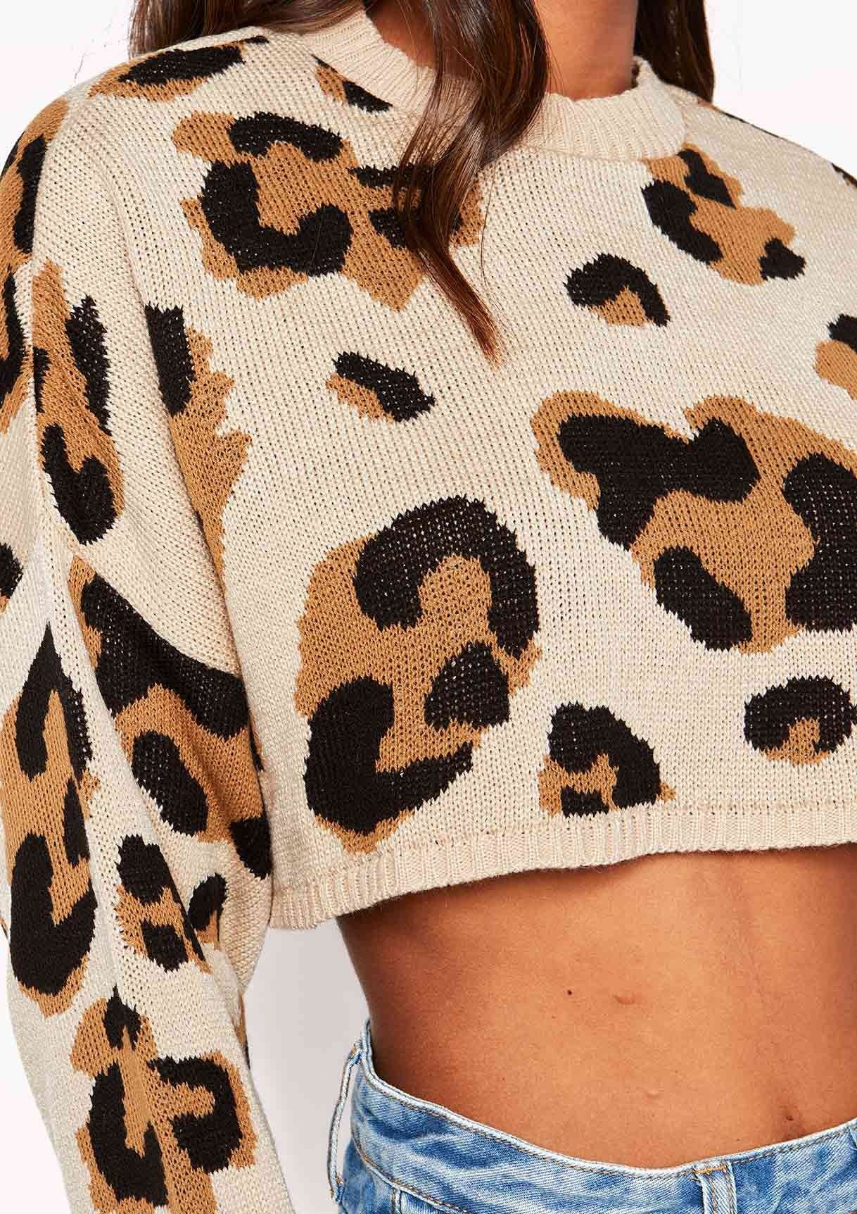 Beige Knit Leopard Print Cropped Jumper sold by Missy Empire product image thumbnail 4