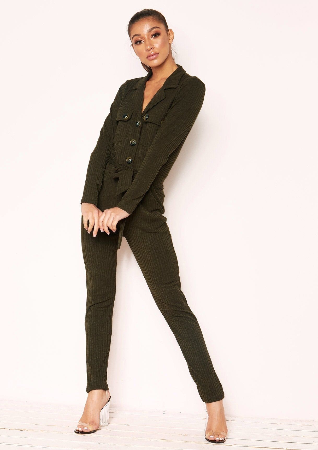 Jeanie Khaki Ribbed Button Utility Jumpsuit sold by Missy Empire product image thumbnail 4