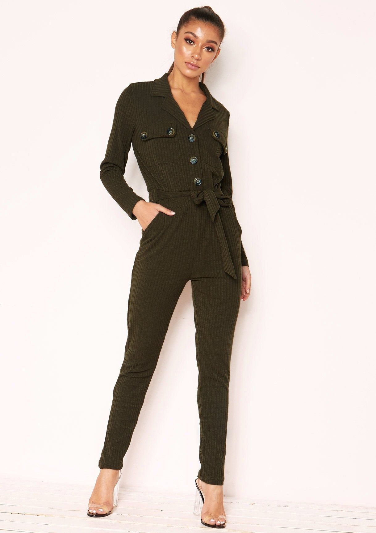 Jeanie Khaki Ribbed Button Utility Jumpsuit sold by Missy Empire