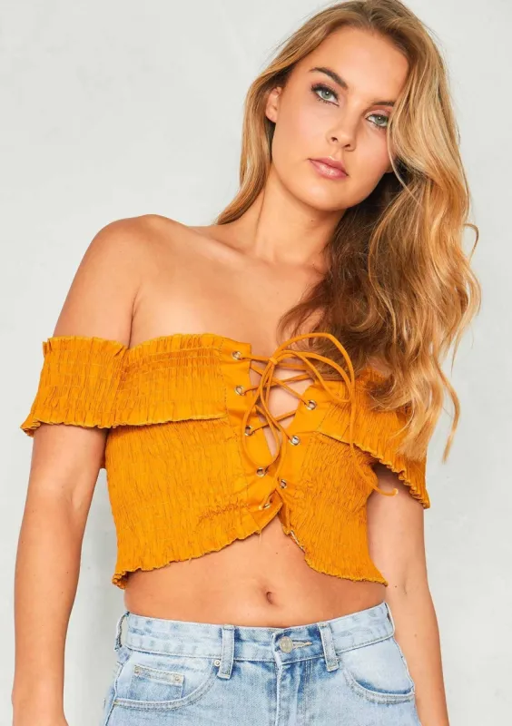Jemma Mustard Lace Up Smock Bardot Crop Top sold by Missy Empire