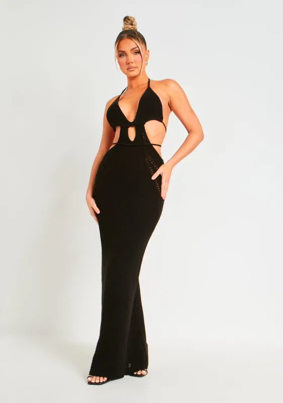 Madison Black Crochet Knit Halterneck Backless Maxi Dress made by Missy Empire