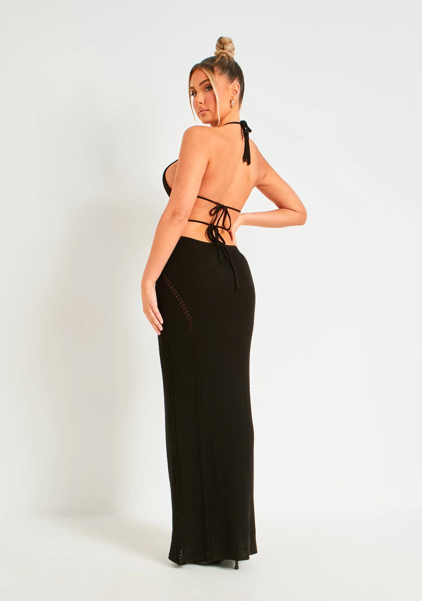 Madison Black Crochet Knit Halterneck Backless Maxi Dress sold by Missy Empire product image thumbnail 3
