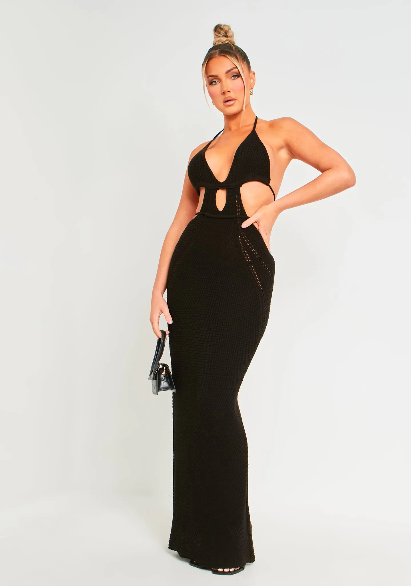 Madison Black Crochet Knit Halterneck Backless Maxi Dress sold by Missy Empire product image thumbnail 4