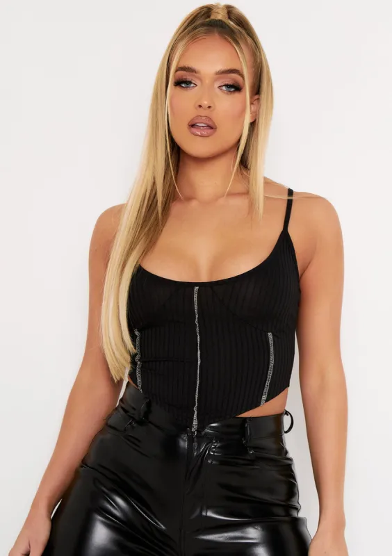 Natalya Black Rib Contrast Stitch Corset Top made by Missy Empire