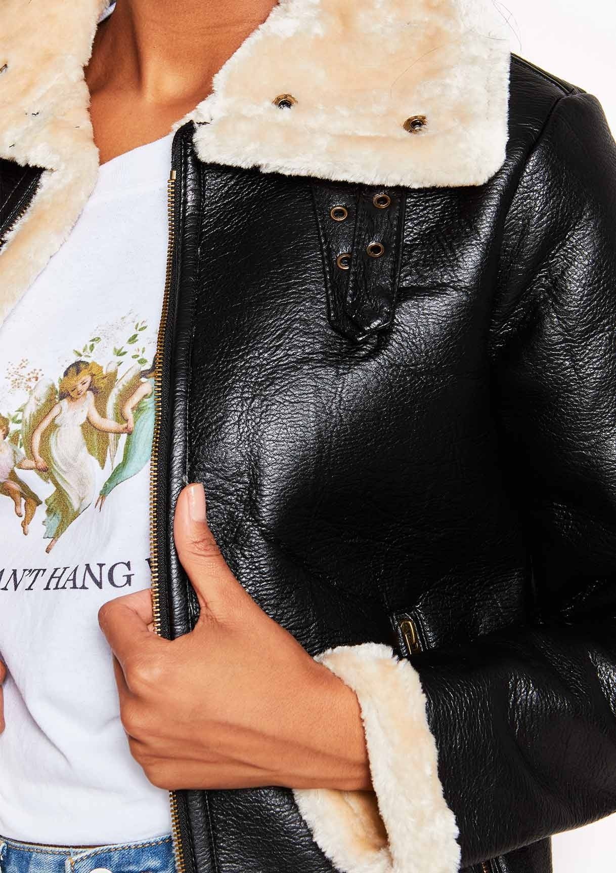 Black Cream Collar Faux Fur Aviator Jacket sold by Missy Empire product image thumbnail 4