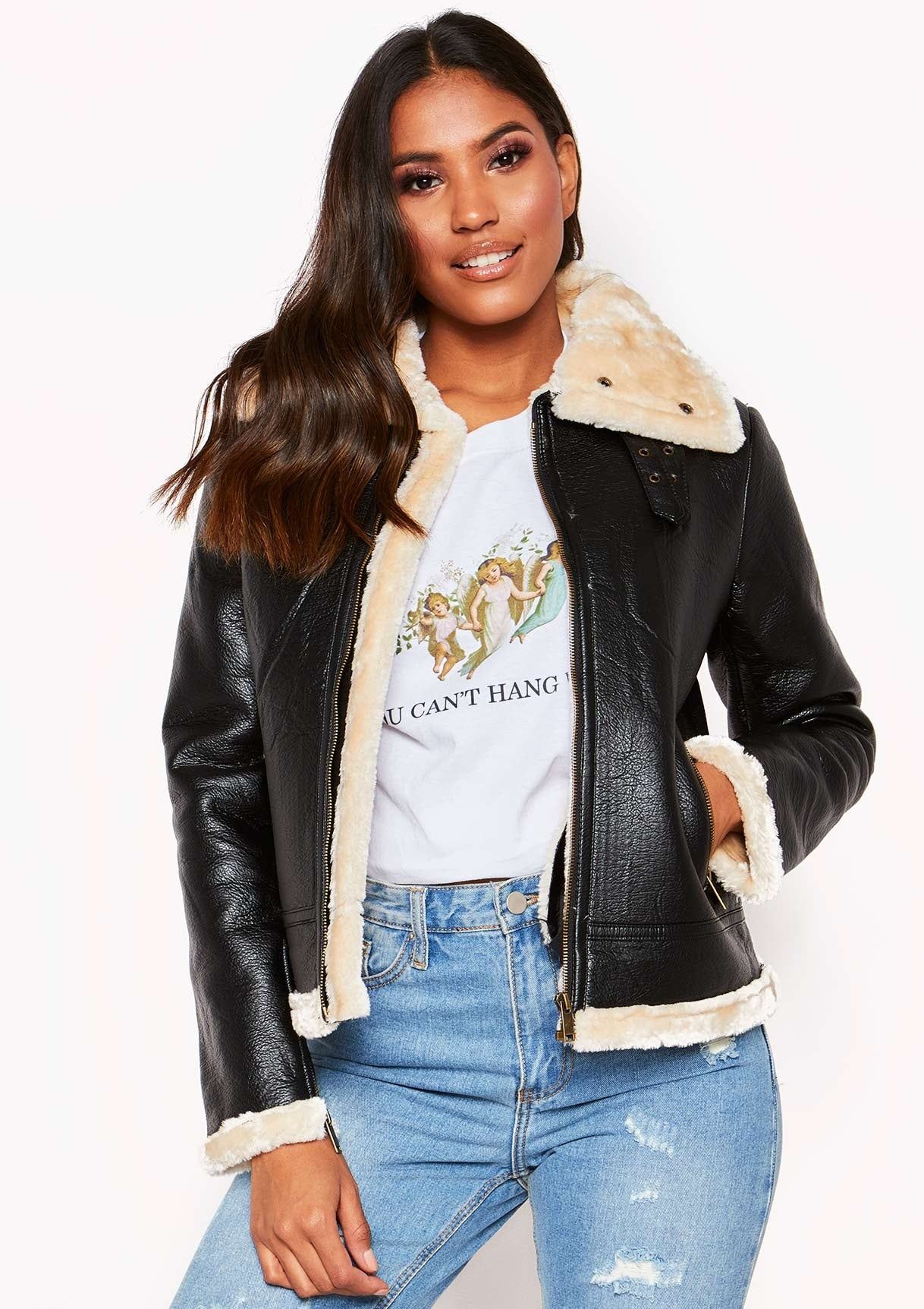 Black Cream Collar Faux Fur Aviator Jacket sold by Missy Empire