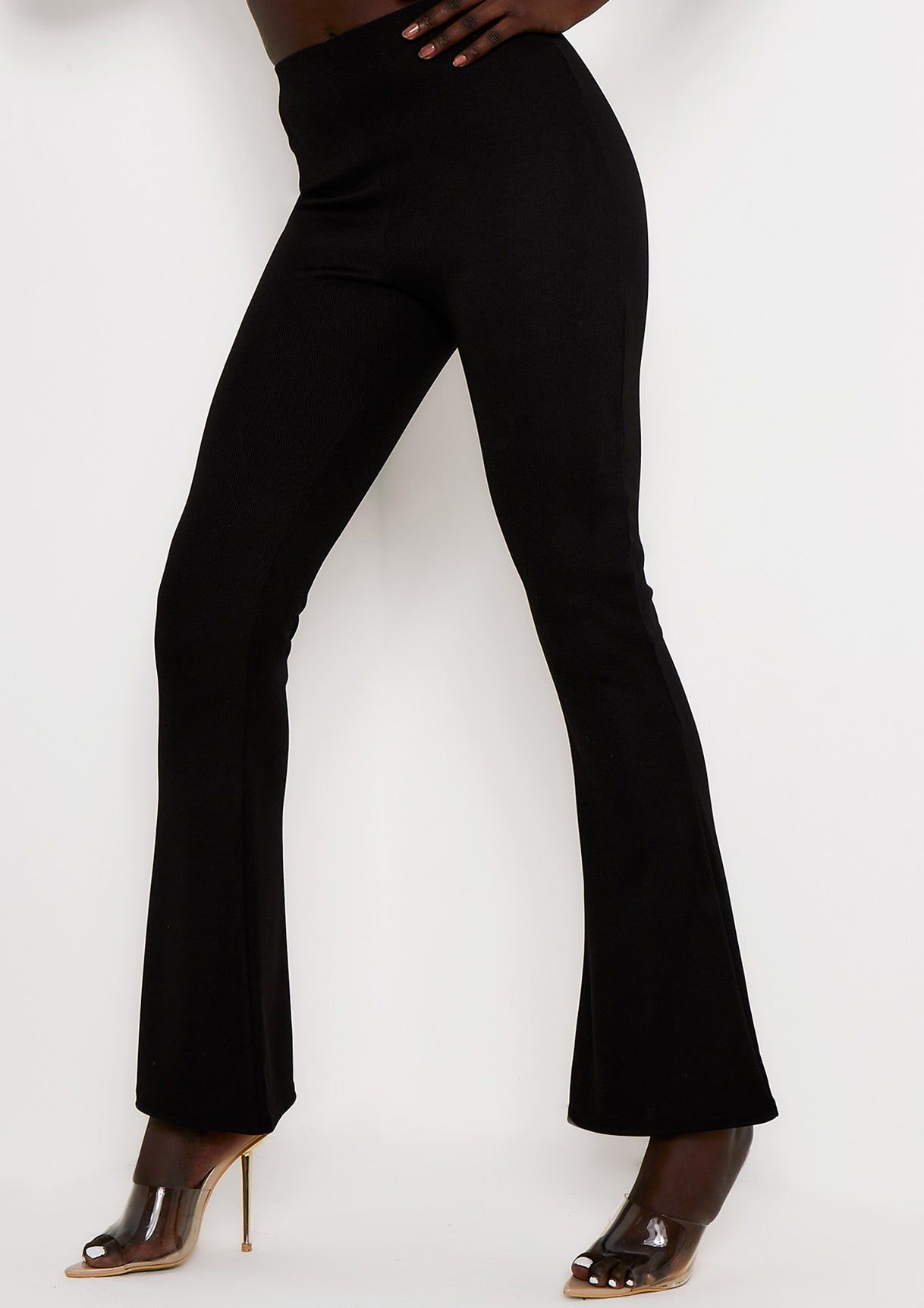 Jania Black Thick Bandage Ribbed Flared Trousers sold by Missy Empire product image thumbnail 2