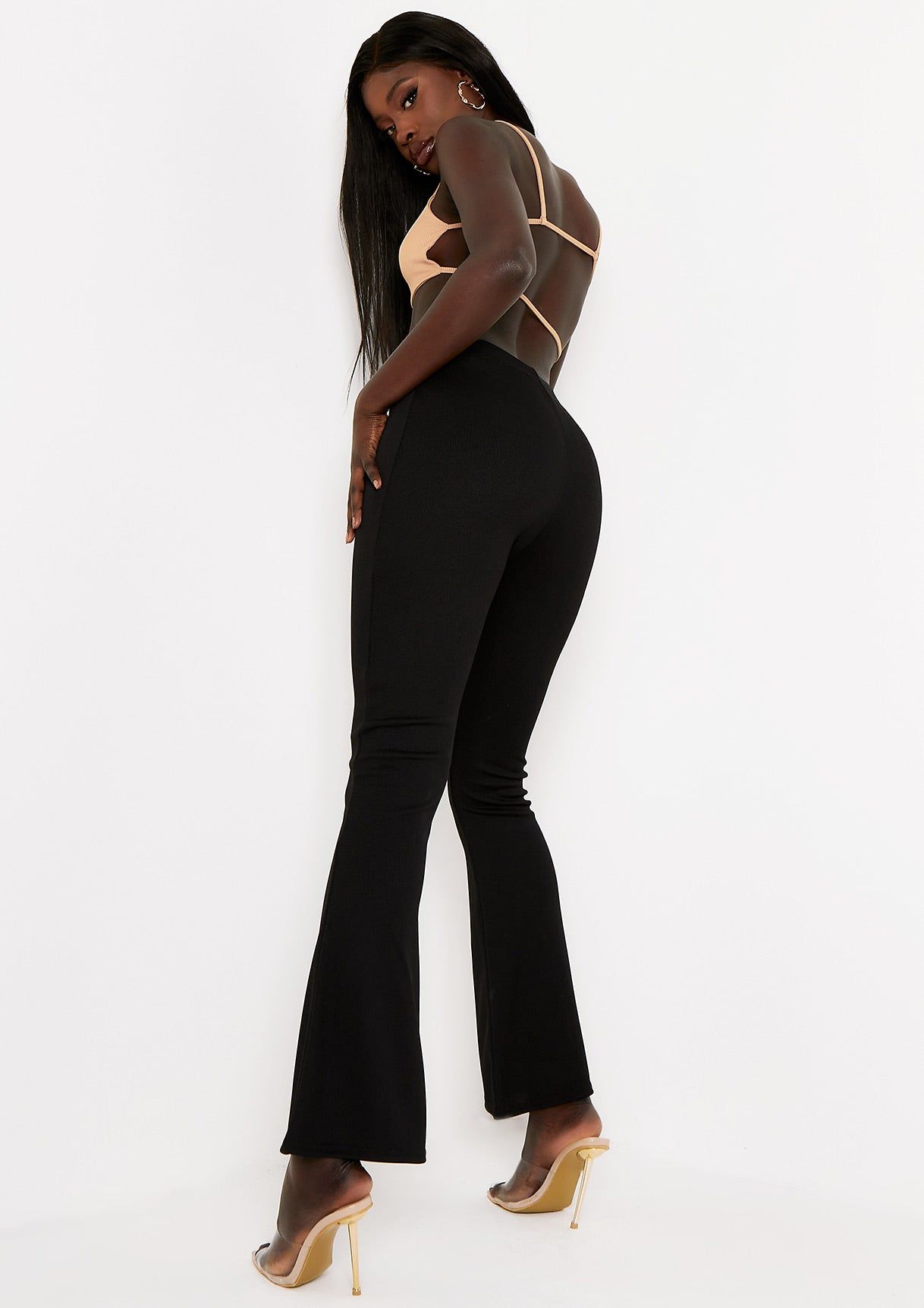 Jania Black Thick Bandage Ribbed Flared Trousers sold by Missy Empire