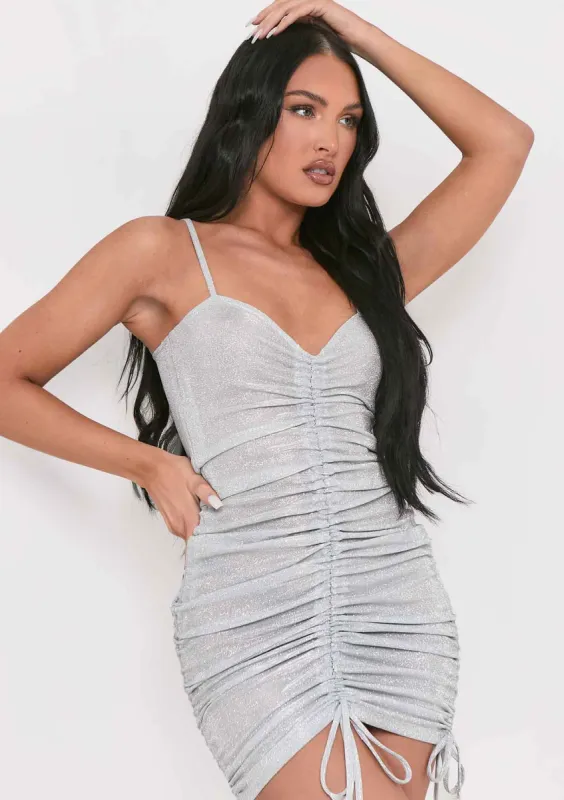 Kalia Silver Glitter Ruched Mini Dress sold by Missy Empire