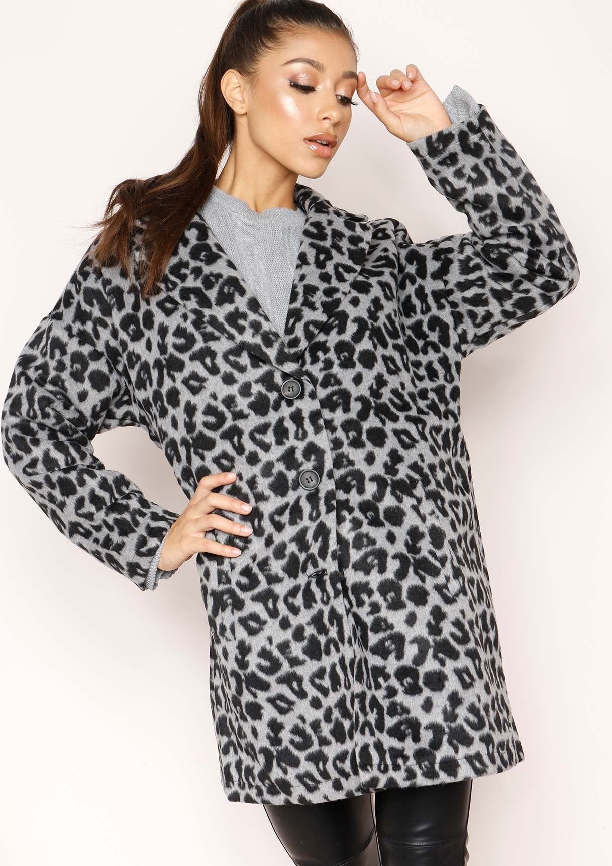 Katrina Grey Leopard Print Boyfriend Coat sold by Missy Empire product image thumbnail 4