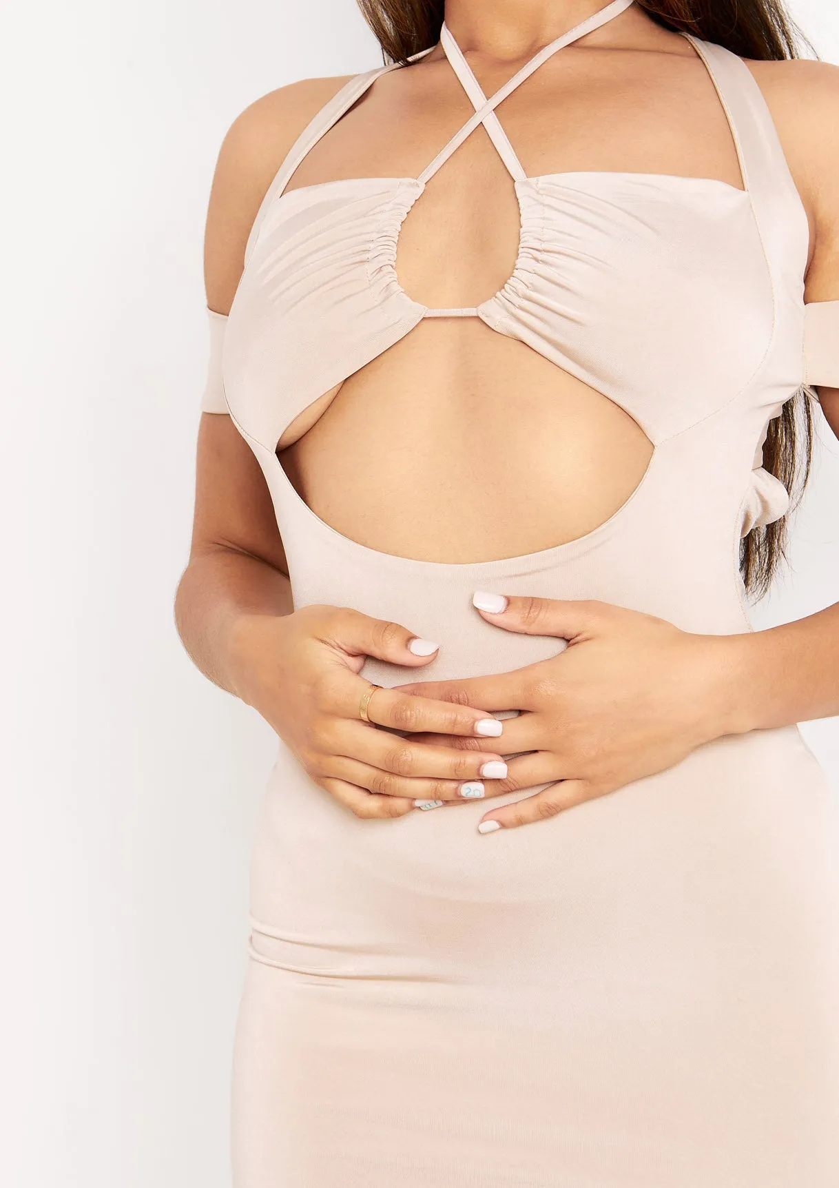 Jana Beige Halterneck Double Layer Ring Mini Dress sold by Missy Empire product image thumbnail 2