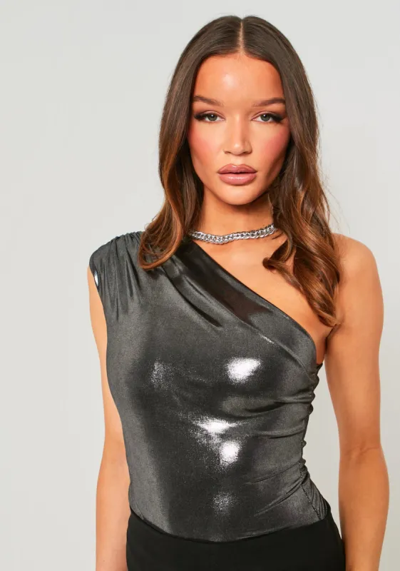 Hiba Grey Metallic One Shoulder Bodysuit sold by Missy Empire