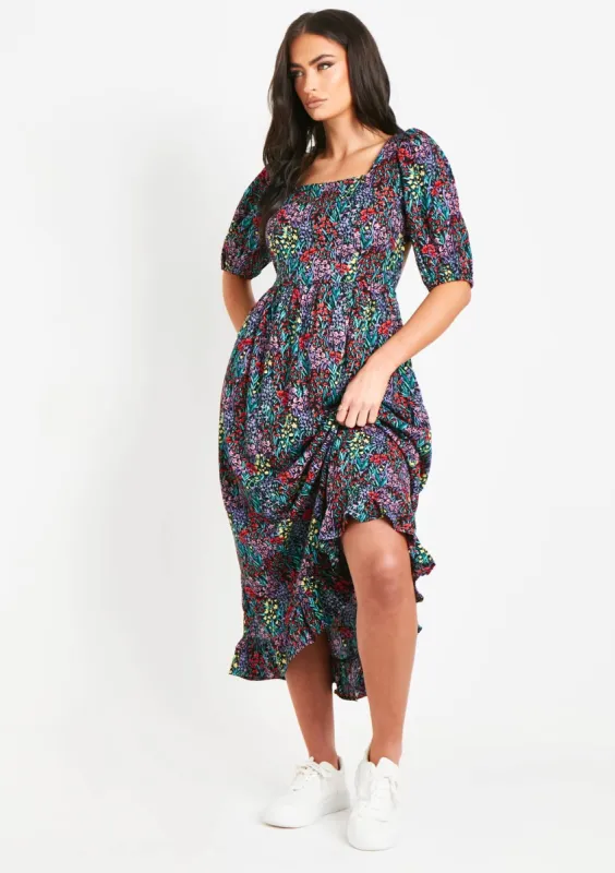 Fiona Black Floral Multi Printed Midi Dress sold by Missy Empire