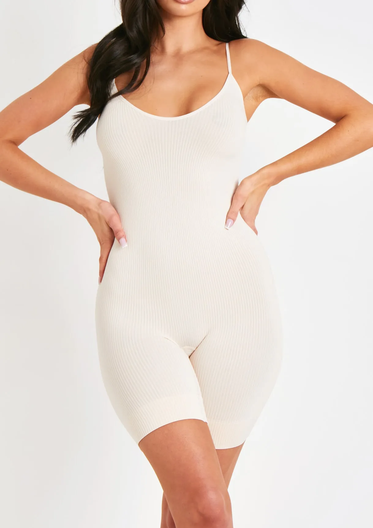 Sariah Cream Ribbed Seamless Strappy Unitard sold by Missy Empire product image thumbnail 2
