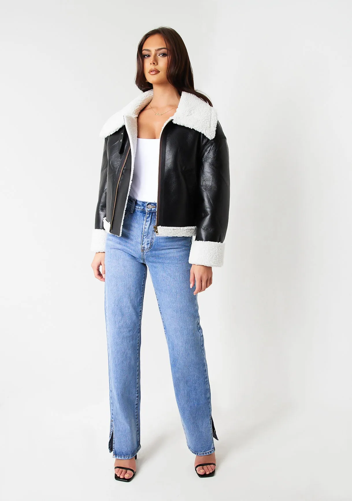 Dixie Black Faux Leather Aviator Jacket With Faux Fur Trim sold by Missy Empire product image thumbnail 4