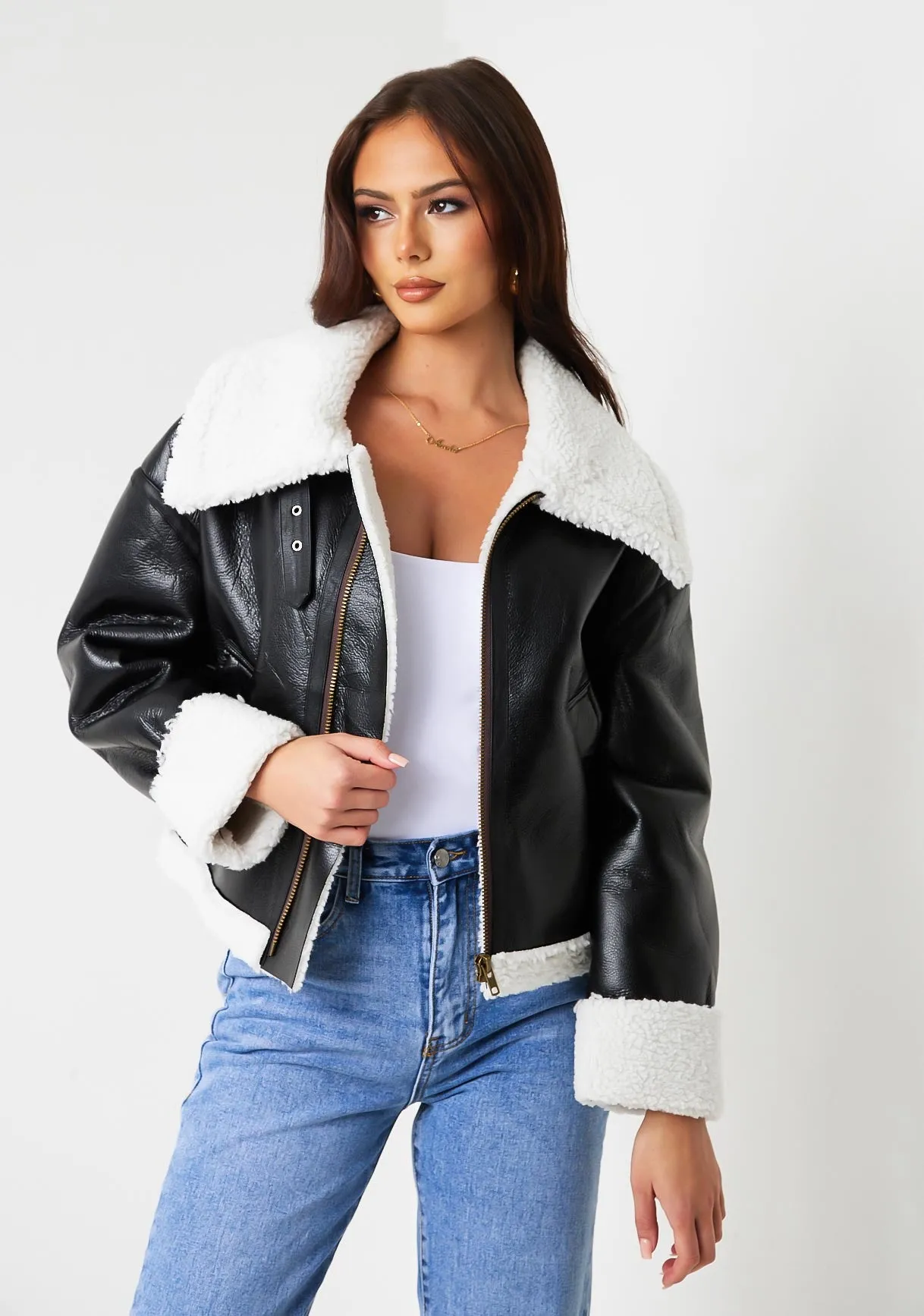 Dixie Black Faux Leather Aviator Jacket With Faux Fur Trim sold by Missy Empire