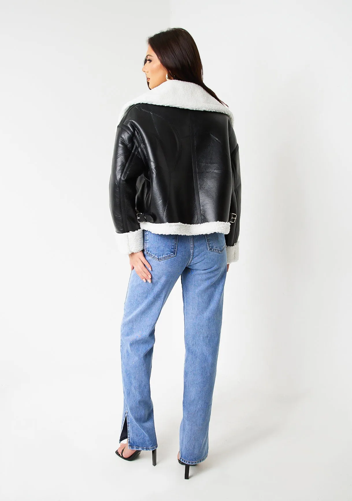 Dixie Black Faux Leather Aviator Jacket With Faux Fur Trim sold by Missy Empire product image thumbnail 3