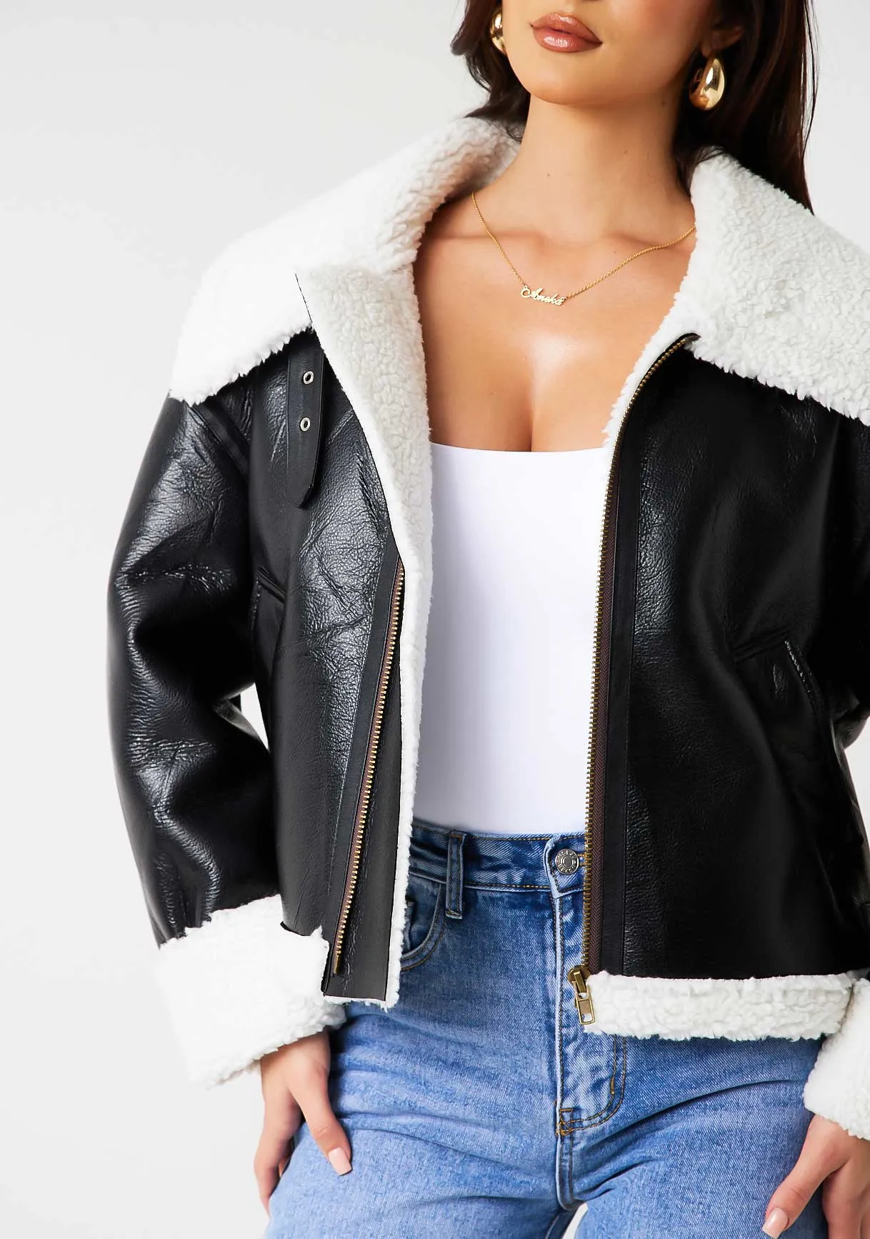 Dixie Black Faux Leather Aviator Jacket With Faux Fur Trim sold by Missy Empire product image thumbnail 2