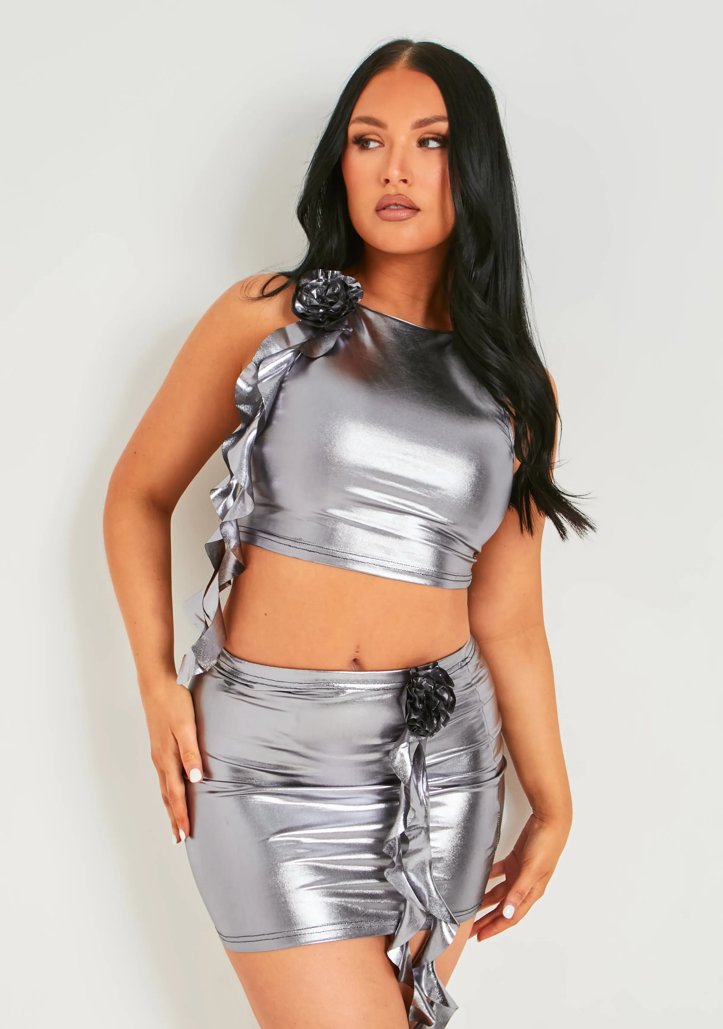 Tilly Silver Flower Corsage Metallic Crop Top sold by Missy Empire