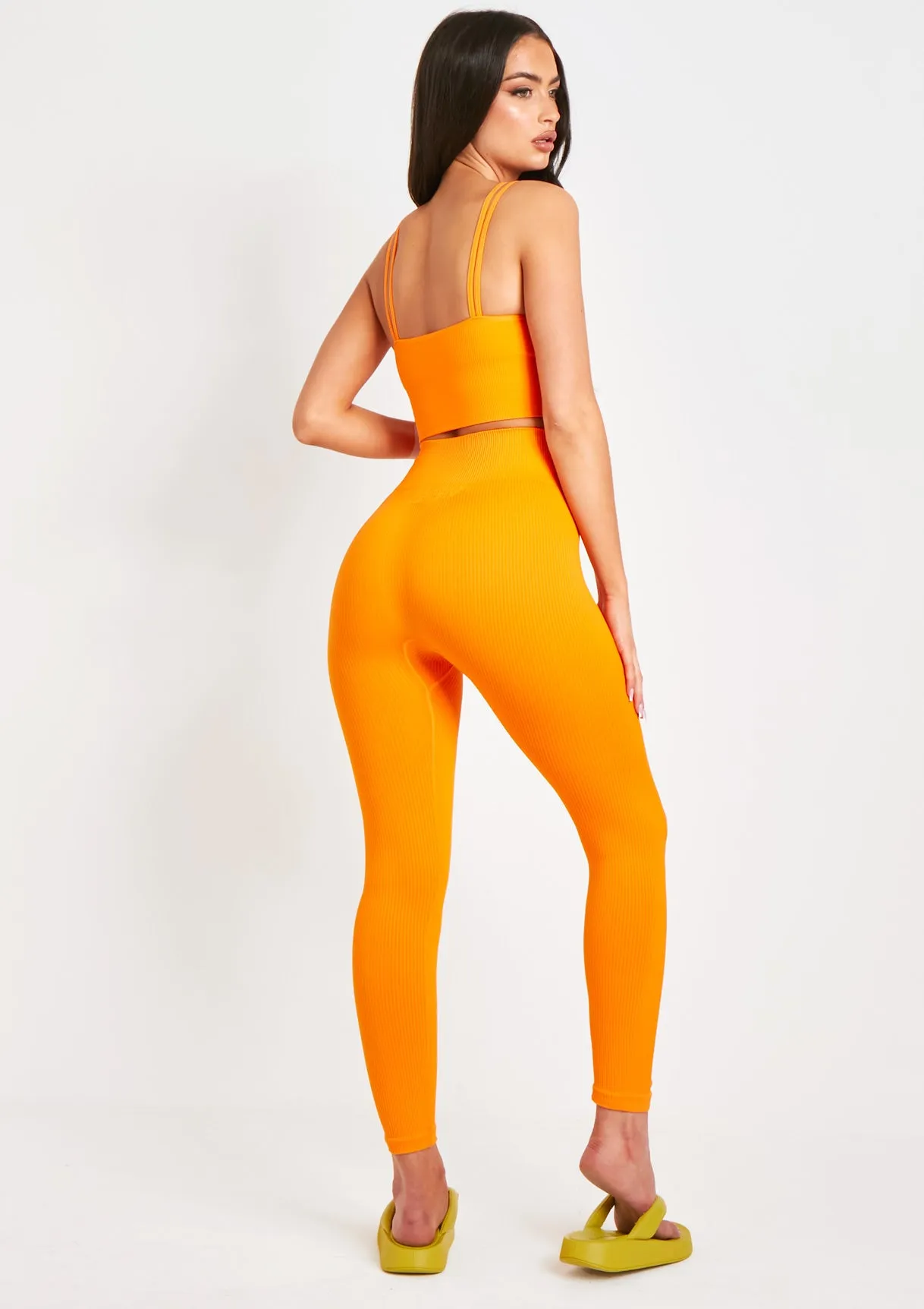 Cyndi Orange Seamless Ribbed High Waisted Leggings sold by Missy Empire product image thumbnail 3