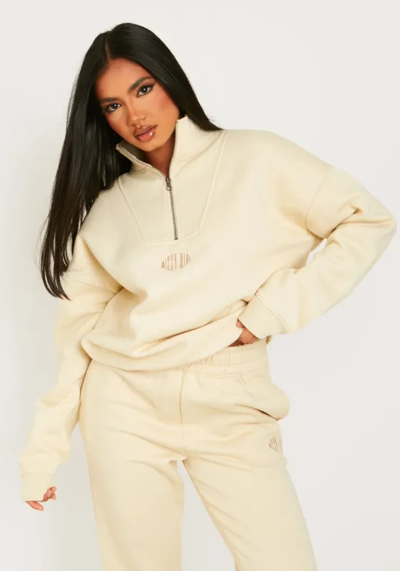 Kadie Cream Missy Girl Embroidered Half Zip Sweatshirt made by Missy Empire