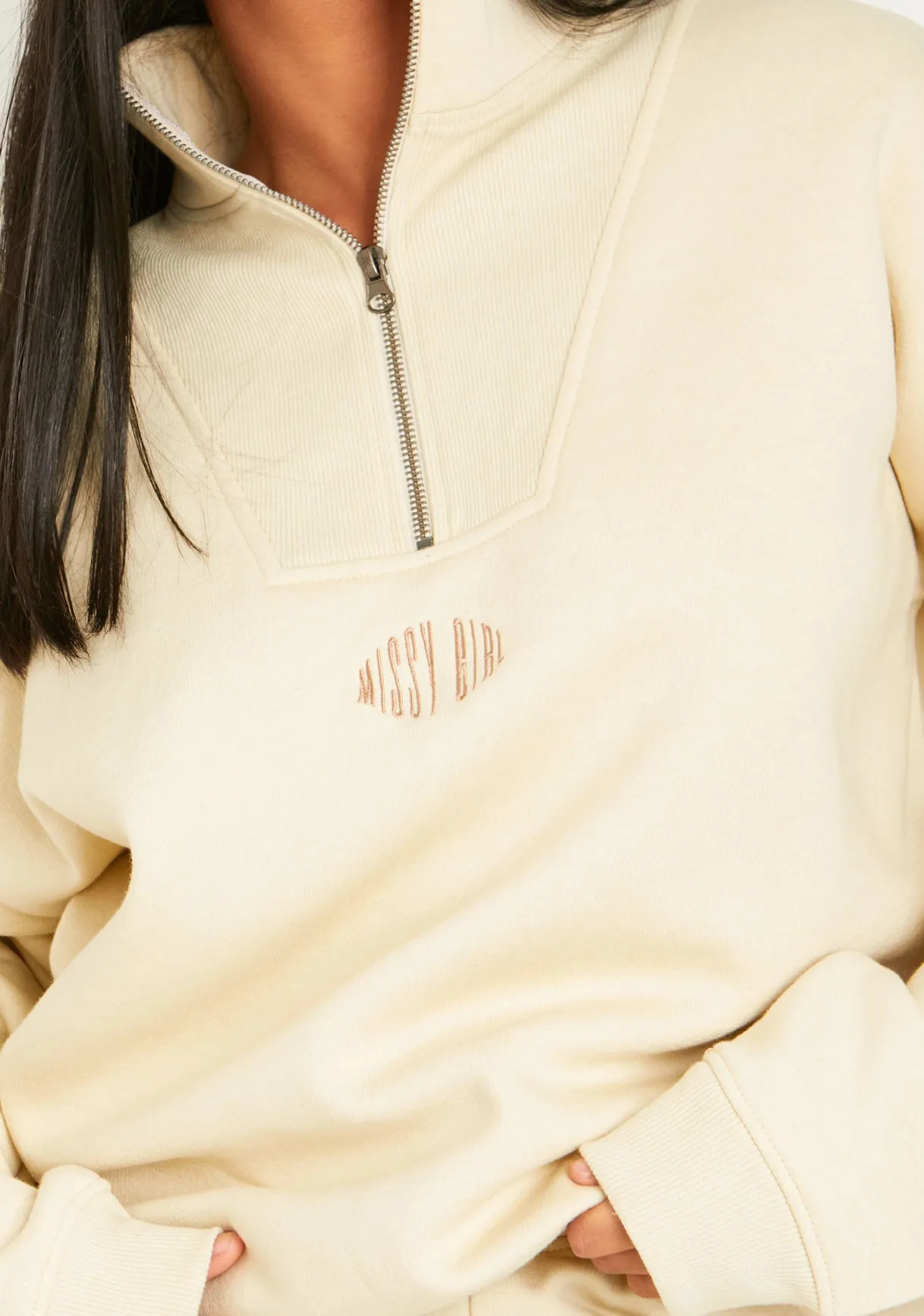 Kadie Cream Missy Girl Embroidered Half Zip Sweatshirt sold by Missy Empire product image thumbnail 2