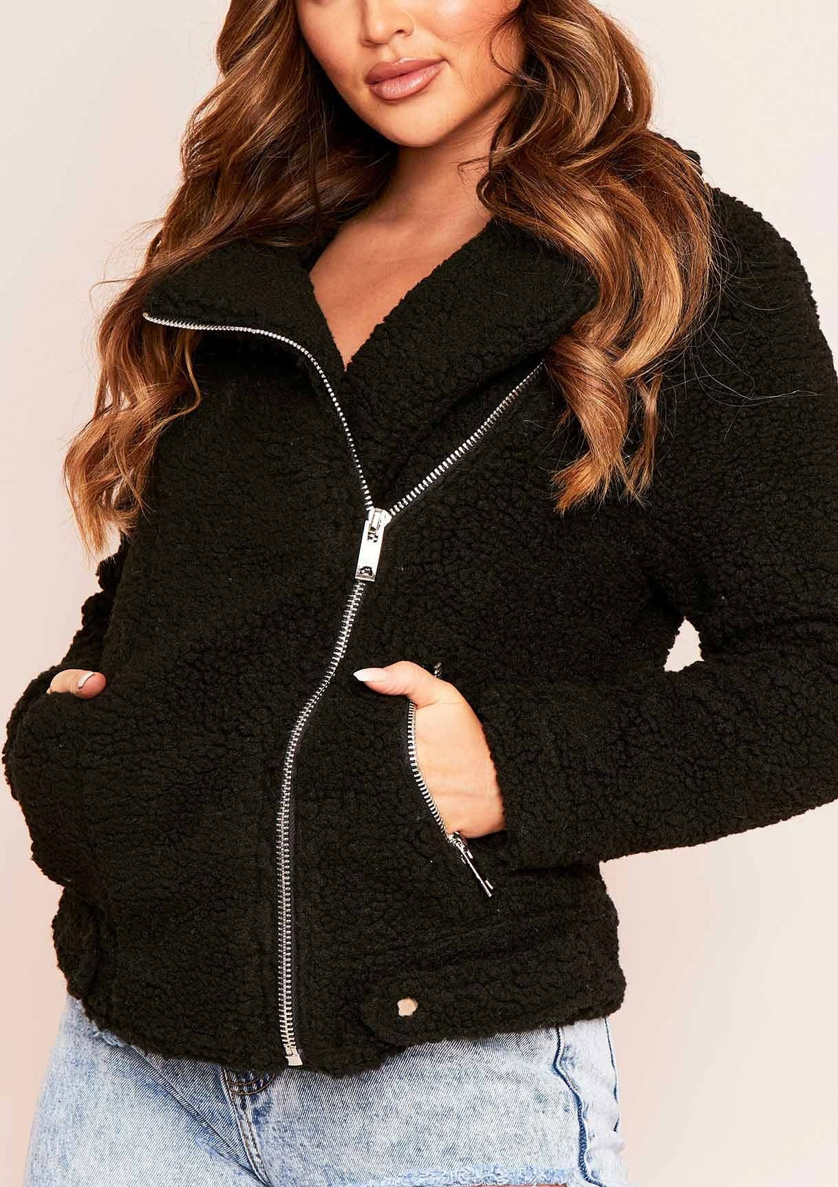 Belin Black Teddy Borg Biker Jacket sold by Missy Empire product image thumbnail 4