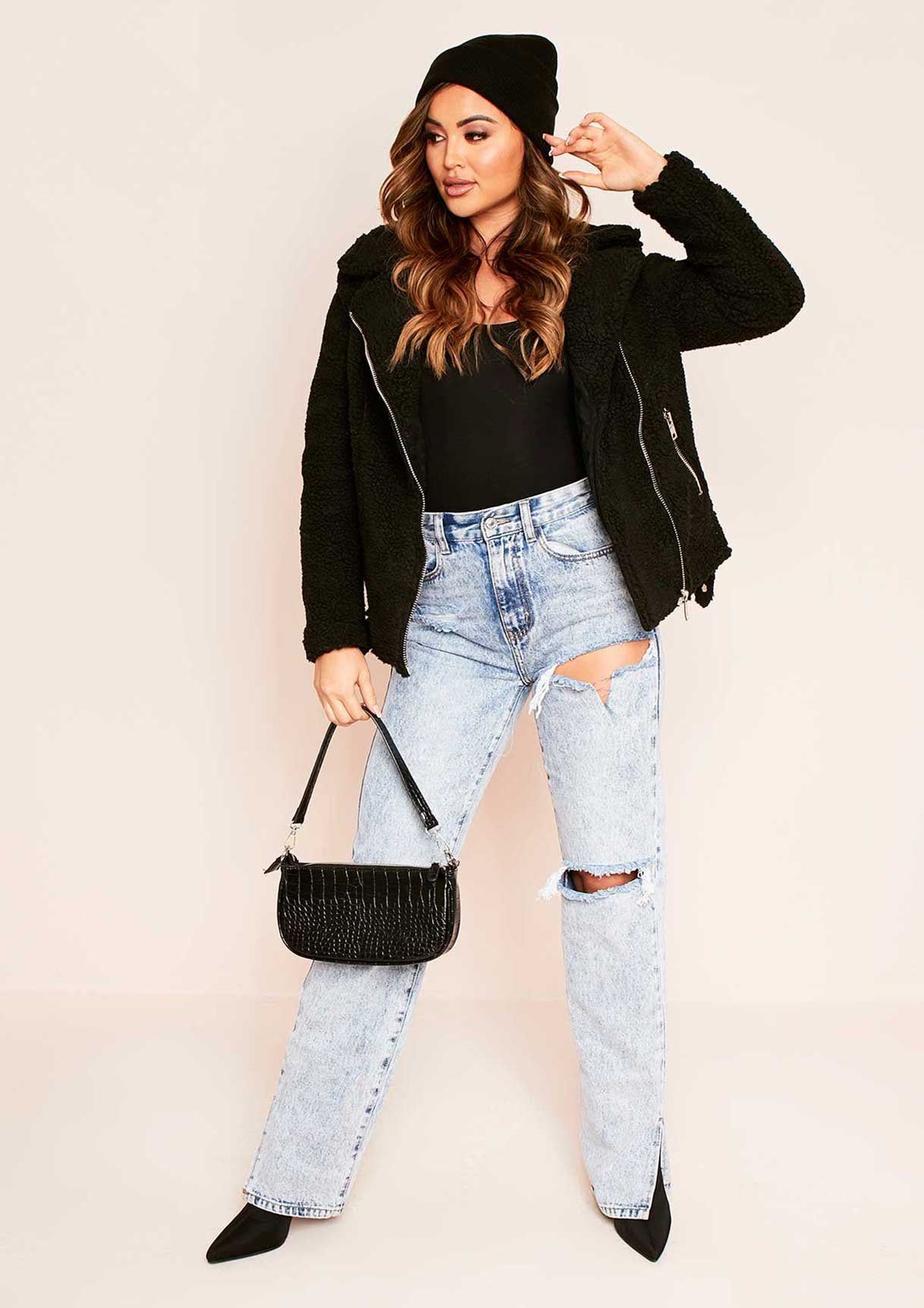 Belin Black Teddy Borg Biker Jacket sold by Missy Empire product image thumbnail 2