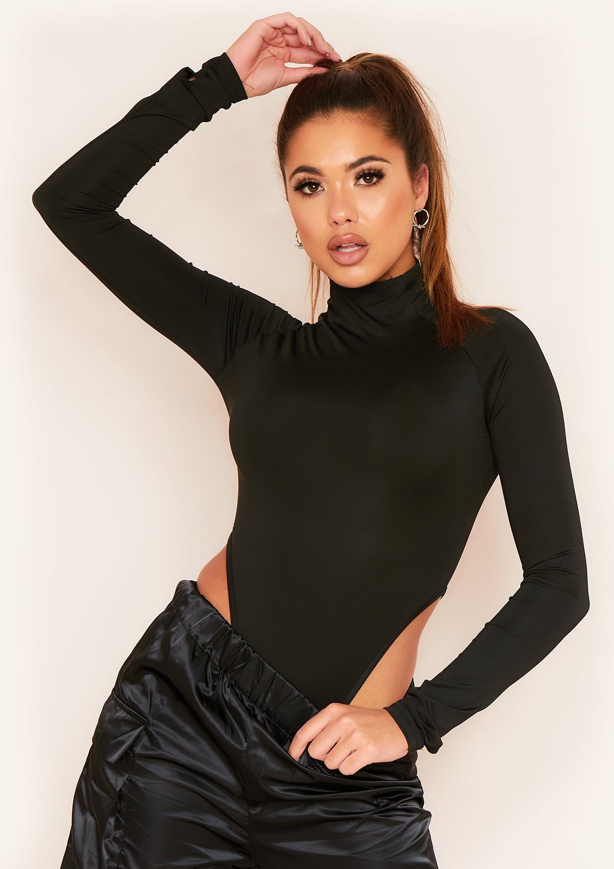 Echo Black High Neck Slinky Long Sleeve Bodysuit sold by Missy Empire