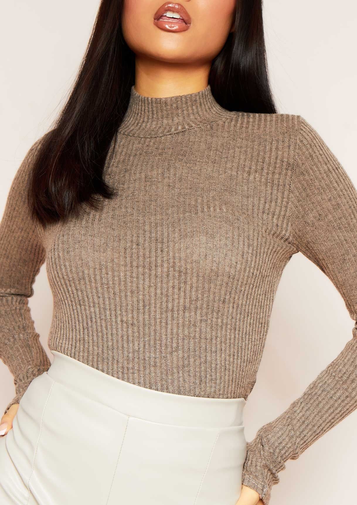 Rosie Chocolate High Neck Super Soft Rib Knit Long Sleeve Top sold by Missy Empire product image thumbnail 4