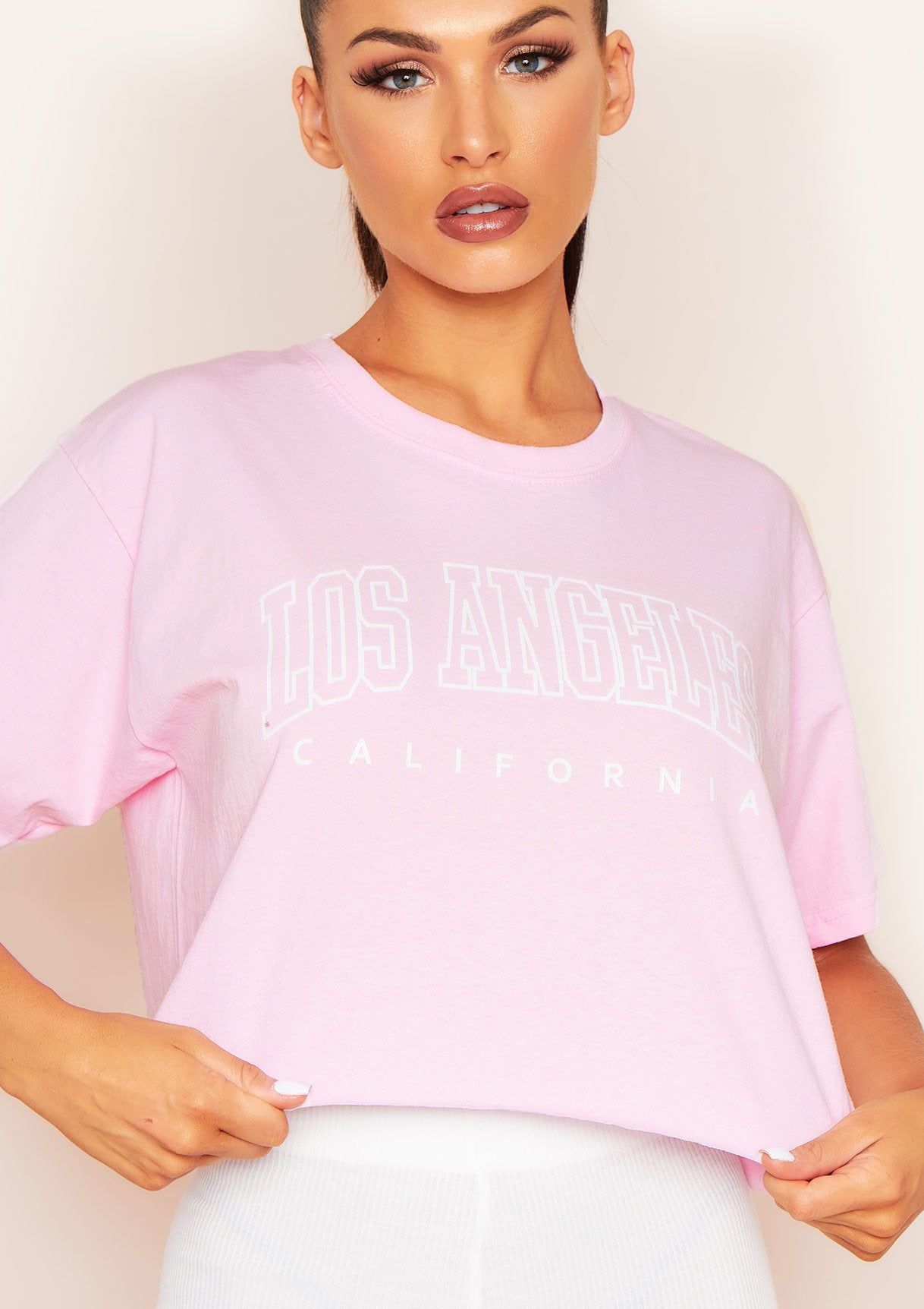 Nicole Pink Los Angeles Slogan Oversized Cropped Top sold by Missy Empire product image thumbnail 3