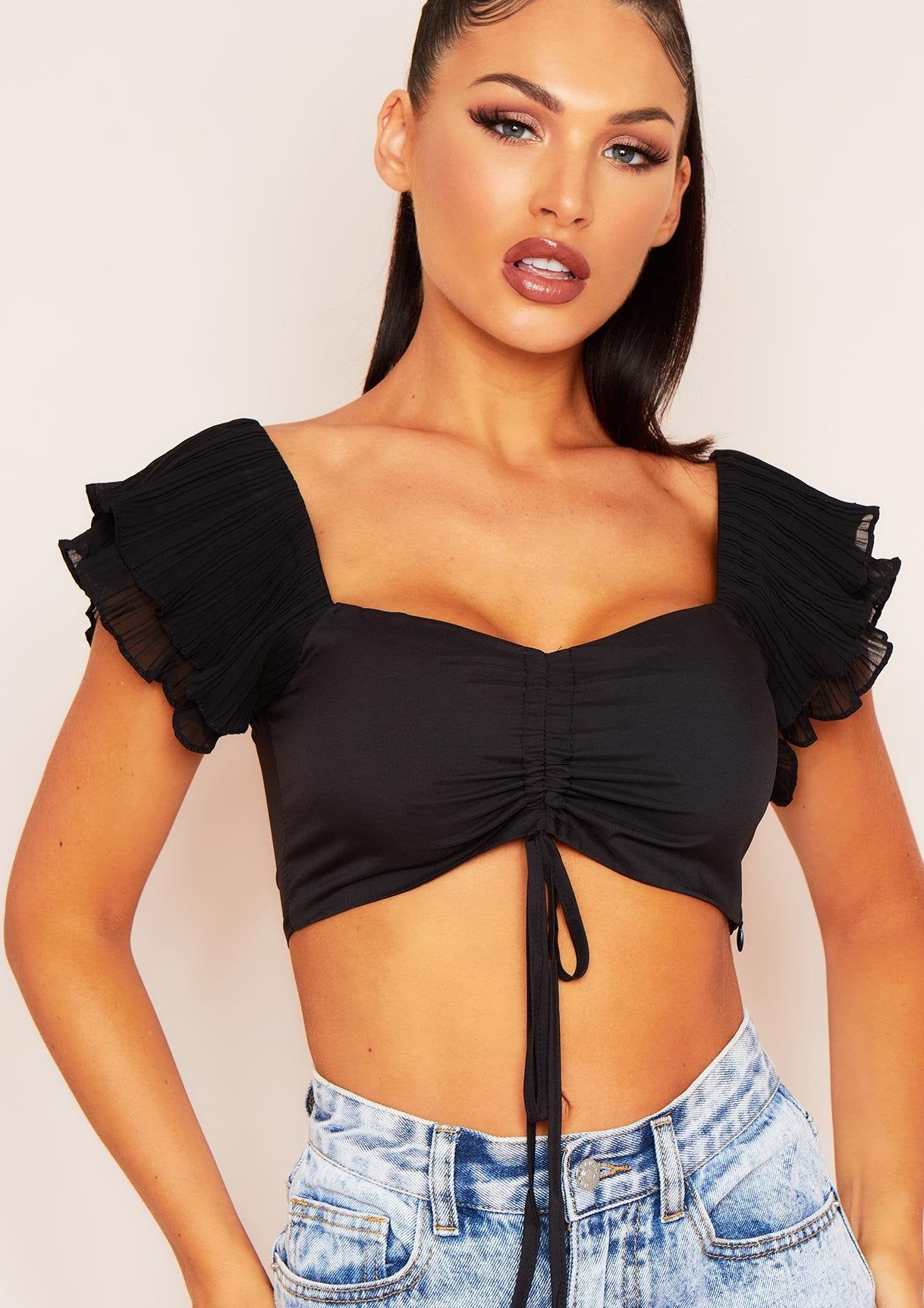 Claire Black Frill Sleeve Tie Front Crop Top sold by Missy Empire product image thumbnail 3