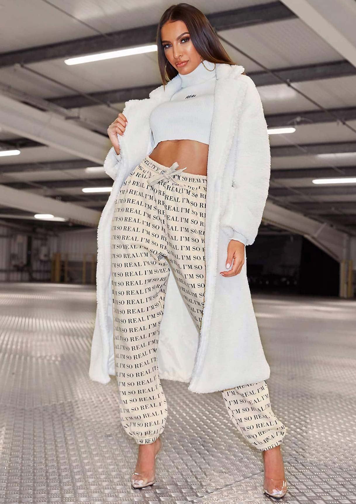 Maxine Cream Teddy Borg Longline Coat sold by Missy Empire