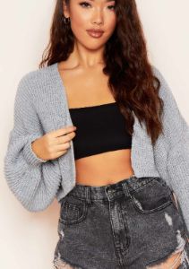 Katrina Grey Balloon Sleeve Knitted Cropped Cardigan sold by Missy Empire