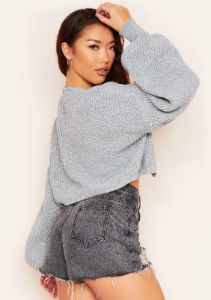 Katrina Grey Balloon Sleeve Knitted Cropped Cardigan sold by Missy Empire