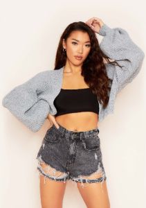 Katrina Grey Balloon Sleeve Knitted Cropped Cardigan sold by Missy Empire
